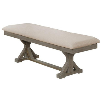 Beige Linen Dining Bench with Rustic Gray Brown Wood in Standard Height