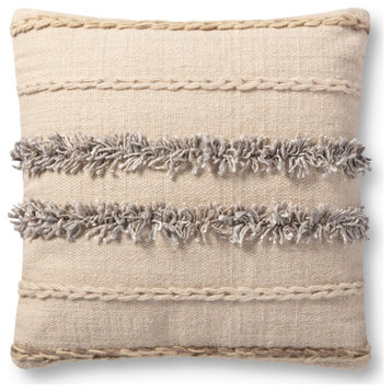 Beige/Grey 22"x22" Chainstich and Fringe Striped Accent Pillow
