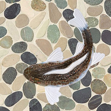 Earthy, sliced pebble, rock, and stone shower floor with walleye fish tile