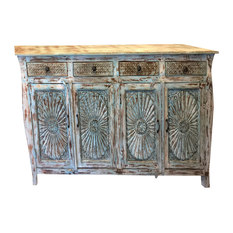 Mogul Interior - Consigned Distressed Blue Sideboards Drawer Chest , Mandala Carved Media Console - Buffets And Sideboards