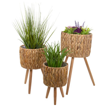 Decorative Hyacinth Planter Set With Wooden Legs, 3-Piece Set, Natural