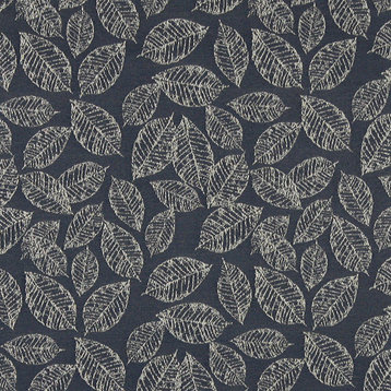 Navy Blue, Textured Leaves Woven Upholstery Fabric By The Yard