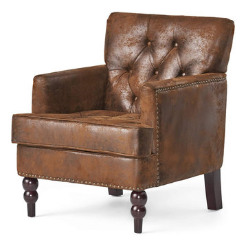 Elegant Accent Chair, Microfiber Seat With Tufted Back & Nailhead Accent, Brown
