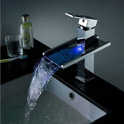 Contemporary Color Changing LED Pop up Waste Waterfall Bathroom Sink Faucet - T8 - Bathroom Sink Faucets