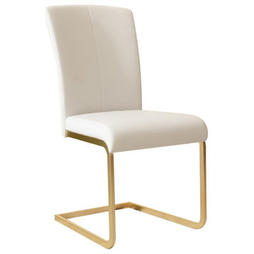 Modern Upholstered White PU Leather Dining Chairs (Set of 2) Gold Metal Base