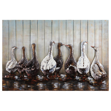 "Ducks" Handed Painted Iron Wall Sculpture on Wooden Wall Art
