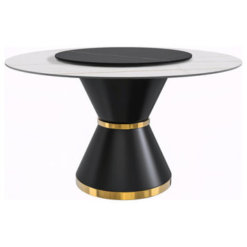 LeisureMod Qorvus Dining Table with 60" Top and Black/Gold Pedestal Base, White/Gold