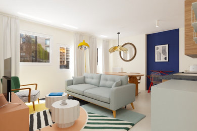 Modelo de salón abierto minimalista pequeño con televisor independiente y suelo blanco
