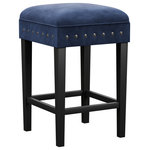 Hillsdale Furniture - Hillsdale Cassidy Wood Backless Counter Height Stool, Black/Blue - There’s a place where high-function meets high-fashion – and with this modern upholstered counter stool, it’s in your kitchen. Gorgeous navy blue velvet-touch polyester upholstery and shiny nickel nail head trim make this backless square stool a glamorous addition to your home. As comfortable as it is beautiful, a plush padded seat and perfectly placed footrest serve up absolute comfort. A timeless silhouette and durable rubberwood tapered legs in a chic black finish mean this contemporary counter stool will stay strong and on-trend for years to come. Assembly required.