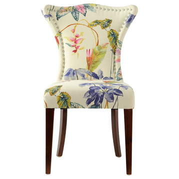 Tropical Floral Accent Dining Chair With Nailheads, Beige