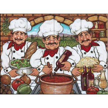 Tile Mural Kitchen Backsplash - Three Happy Chefs -JK - by Janet Kruskamp