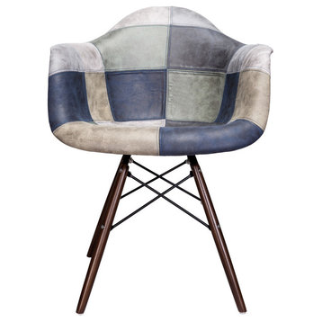 Patch Leatherette Fabric Upholstered DAW Arm Chair, Dark Walnut Leg, Blue/Gray