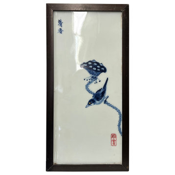 Wood Frame Porcelain Blue White Lotus Seed Bird Wall Plaque Panel Hws3356