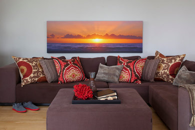 Warm and inviting living room with panoramic canvas print