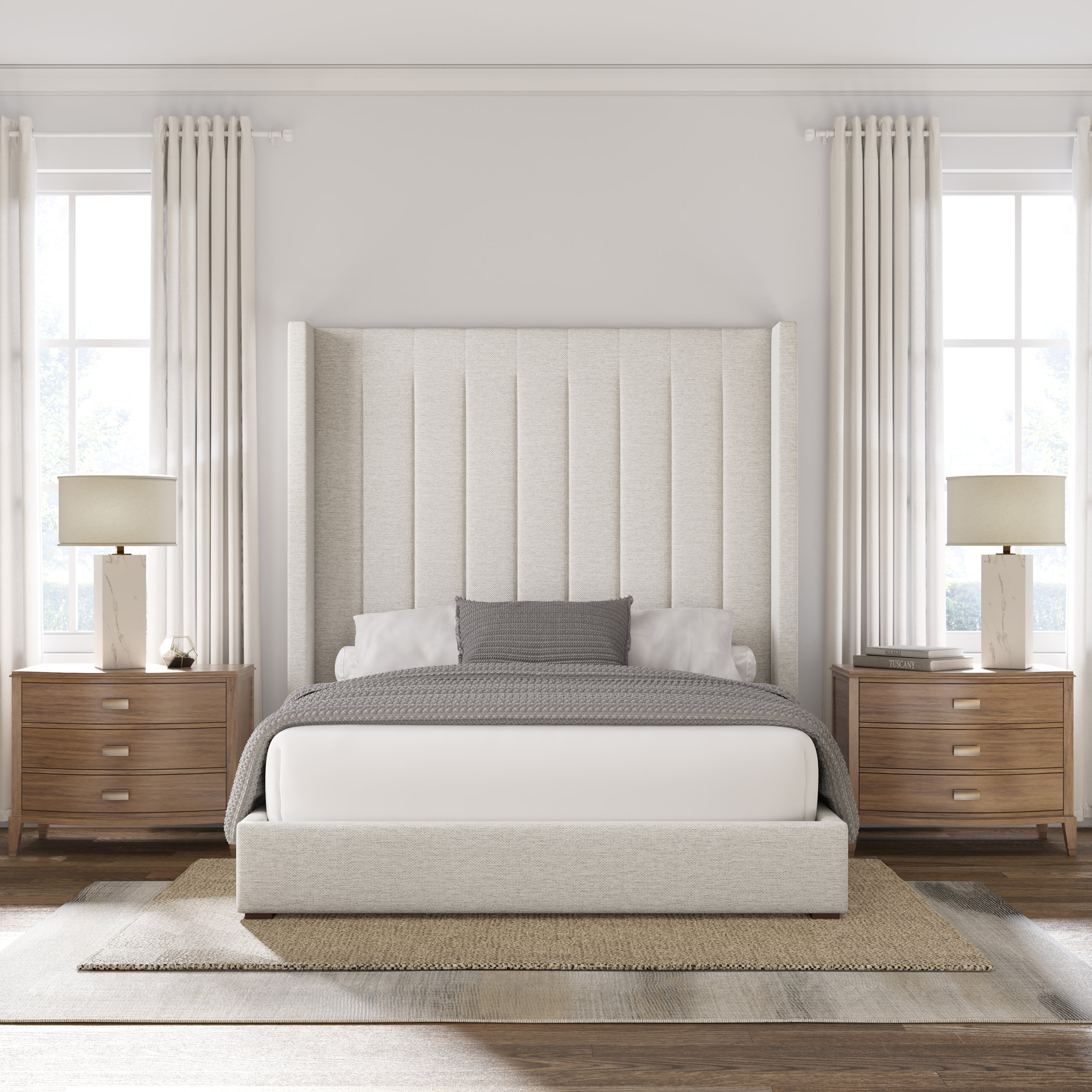 Nativa Interiors Aylet Vertical Channel Tufted Bed, Off White, King, High 87"