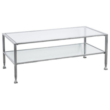 Transitional Coffee Table, Metal Frame With Distressed Look and Glass Top, Silve