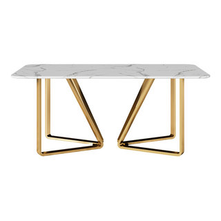 Marby Modern Rectangle 63 Faux Marble Dining Table Gold Base Stainless  Steel