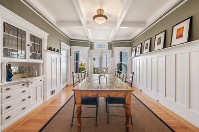 Inspiration for a large transitional separate dining room in San Francisco with grey walls, light hardwood floors, no fireplace and beige floor.