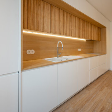 Kitchen Sink Wall with White Cabinets and Wood Panels