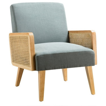 Retro Accent Chair, Natural Wooden Arms With Wicker Accent and Velvet Seat, Blue