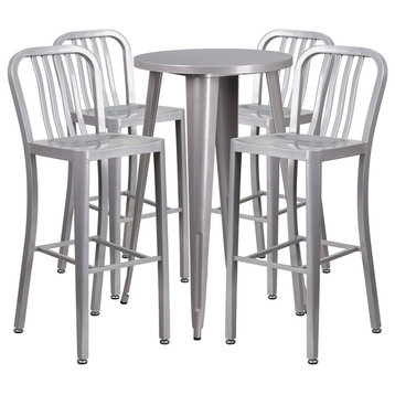 5-Piece 24" Round Metal Bar Table Set, Silver
