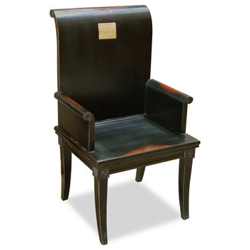 Distressed Black Elmwood Zhou Yi Design Rectangle Oriental Dining Set 6 Chairs