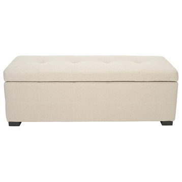 Contemporary Storage Bench, Taupe Linen Upholstery With Deep Tufted Lid Seat