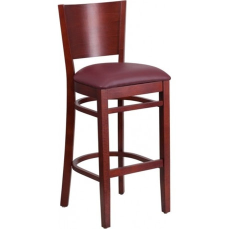 Modern Solid Back Mahogany Wood Restaurant Barstool, Burgundy Vinyl Seat