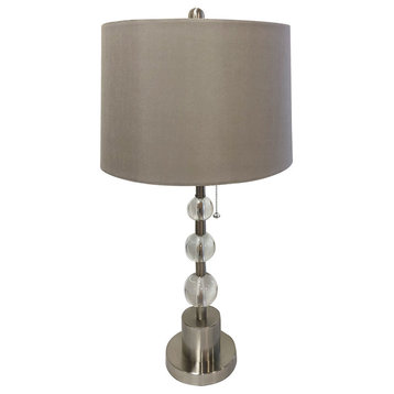 Brush Nickel Lamp with Crystal Ball Accents and Gray Shallow Drum Shade