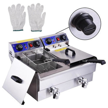 20L Electric Deep Fryer, Timer and Drain Dual Tank Stainless Steel