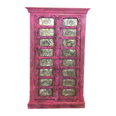 Consigned Antique Almirah Pink Jaipuri Brass Camel Carved Wardrobe Cabinet