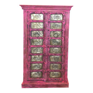 Mogul Interior - Consigned Antique Almirah Pink Jaipuri Brass Camel Carved Wardrobe Cabinet - Armoires And Wardrobes