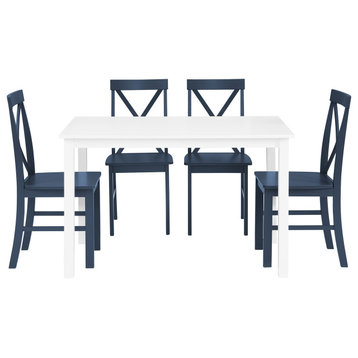 5-Piece Solid Wood Farmhouse Dining Set, White/Navy