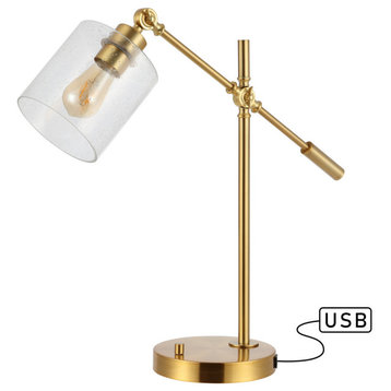 Kathryn 23" Iron/Seeded Glass Adjustable Head USB LED Task Lamp, Brass Gold
