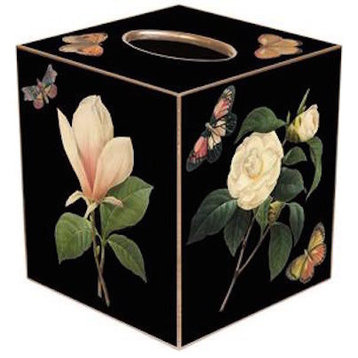 Black Floral Wood Wastepaper Basket, With Tissue Box Cover