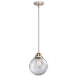 Innovations Lighting - Beacon Mini Pendant, Brushed Satin Nickel, Clear, Clear - The Nouveau 2 is a highly detailed work of art that draws the eyes into its base and arm detail. The true show stopping piece is the beautifully curved glass shade that's sure to wow you and guests alike.