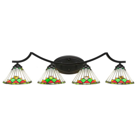 Zilo 4 Light Bath Bar, Matte Black Finish, 7" Green Sunray Tiffany Glass