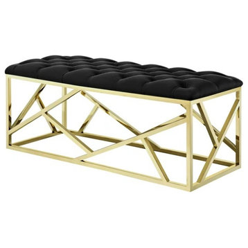Modern Accent Bench, Unique Geometric Golden Base & Tufted Velvet Seat, Black