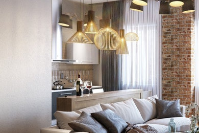 Стильный дизайн: маленькая открытая гостиная комната в скандинавском стиле с серыми стенами, пробковым полом, телевизором на стене и разноцветным полом без камина для на участке и в саду - последний тренд