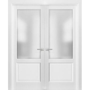 French Double Panel Lite Doors 72 x 80 & Hardware | Lucia 22 Matte White & Glass