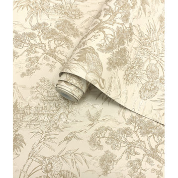 Majestic Crane Tropical Print Textured Wallpaper 57 Sq. Ft., Cream, Double Roll