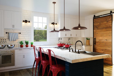 Inspiration for a large country single-wall eat-in kitchen in Milwaukee with a single-bowl sink, shaker cabinets, white cabinets, marble benchtops, white splashback, subway tile splashback, stainless steel appliances, dark hardwood floors, with island and brown floor.