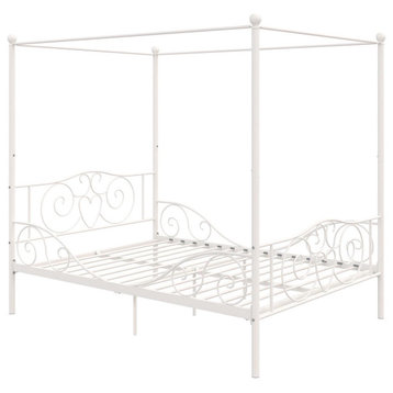 Elegant Canopy Bed, Metal Frame With Scrolled Accents, Round Filial Pots, White