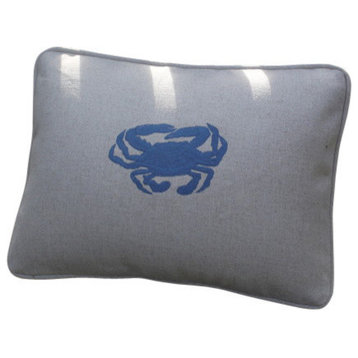 Linen Lumbar Pillow With Crab Motif, Cobalt, Poly Insert