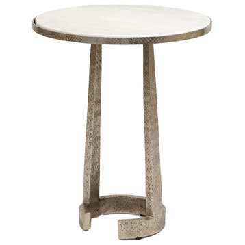 Contemporary Minimalist Round Silver Accent Table 24" Hammered White Marble C