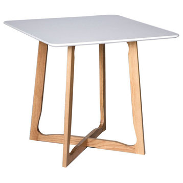 Retro Dining Table, Crossed Natural Base & Square White Top With Rounded Corners