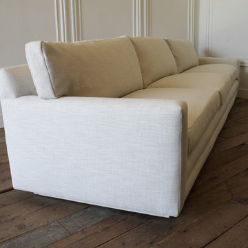 Mid-Century Modern Sofa Reupholstered in Natural Linen Blend Herringbone