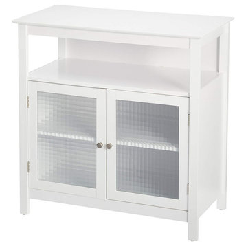 Contemporary Storage Cabinet, Open Shelf & 2 Glass Doors With White Finish