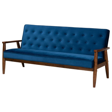 Sorrento Navy Blue Velvet Fabric Walnut Wooden 3-Seater Sofa