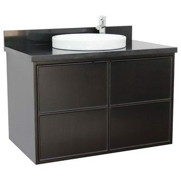 37" Single Wall Mount Vanity, Cappuccino Finish With Black Galaxy Top